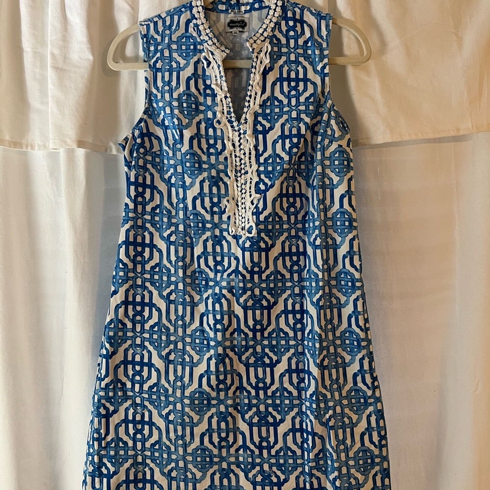 Mud Pie Blue and White Embroidered Neckline Shift